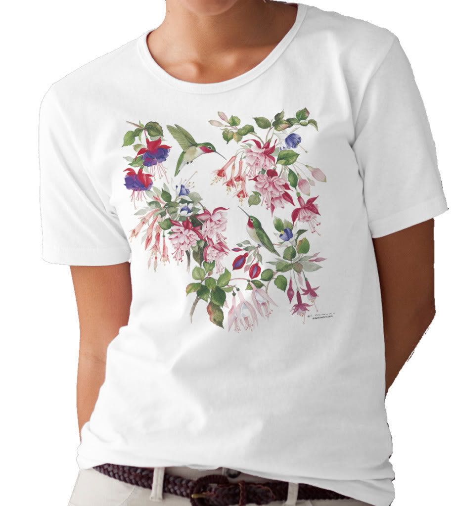 Fuchsia and Hummingbirds T-shirt/tee by Valerie Pfeiffer
