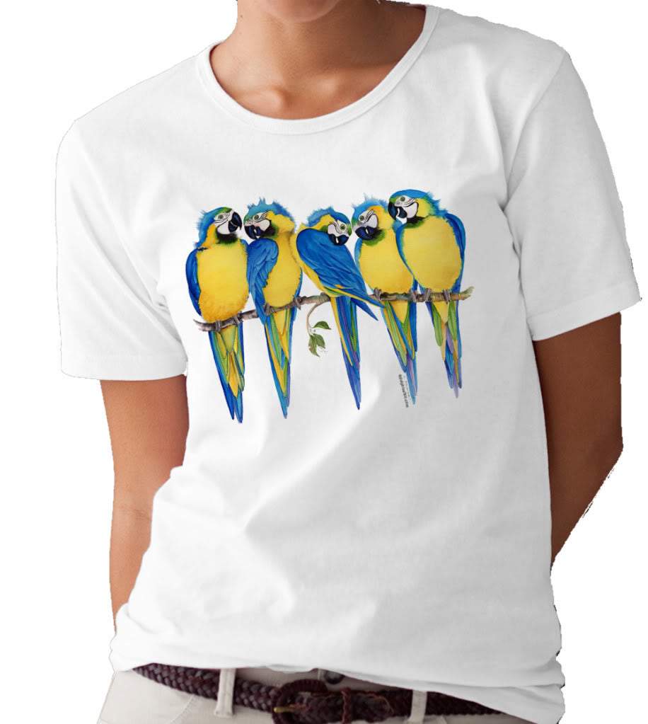 Valerie Pfeiffer BLUE AND GOLD MACAWS T-SHIRT/TEE  Birds Women's Parrot