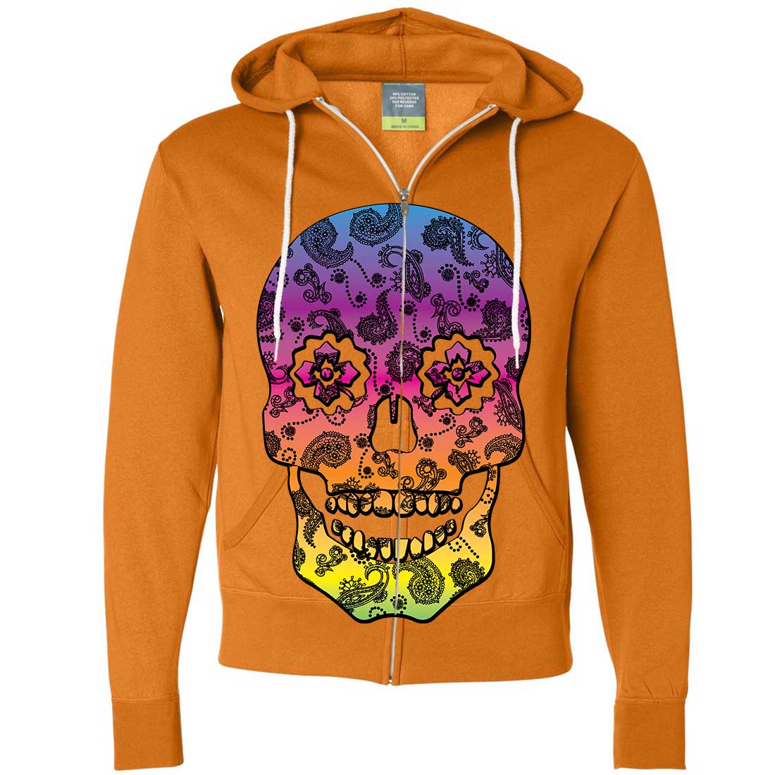 Neon Paisley Print Sugar Skull Zip-Up Hoodie - California