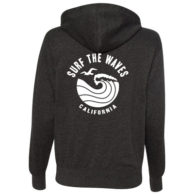 Surf The Waves California Premium Unisex French Terry Full-Zip Sweatshirt - Heathered Charcoal