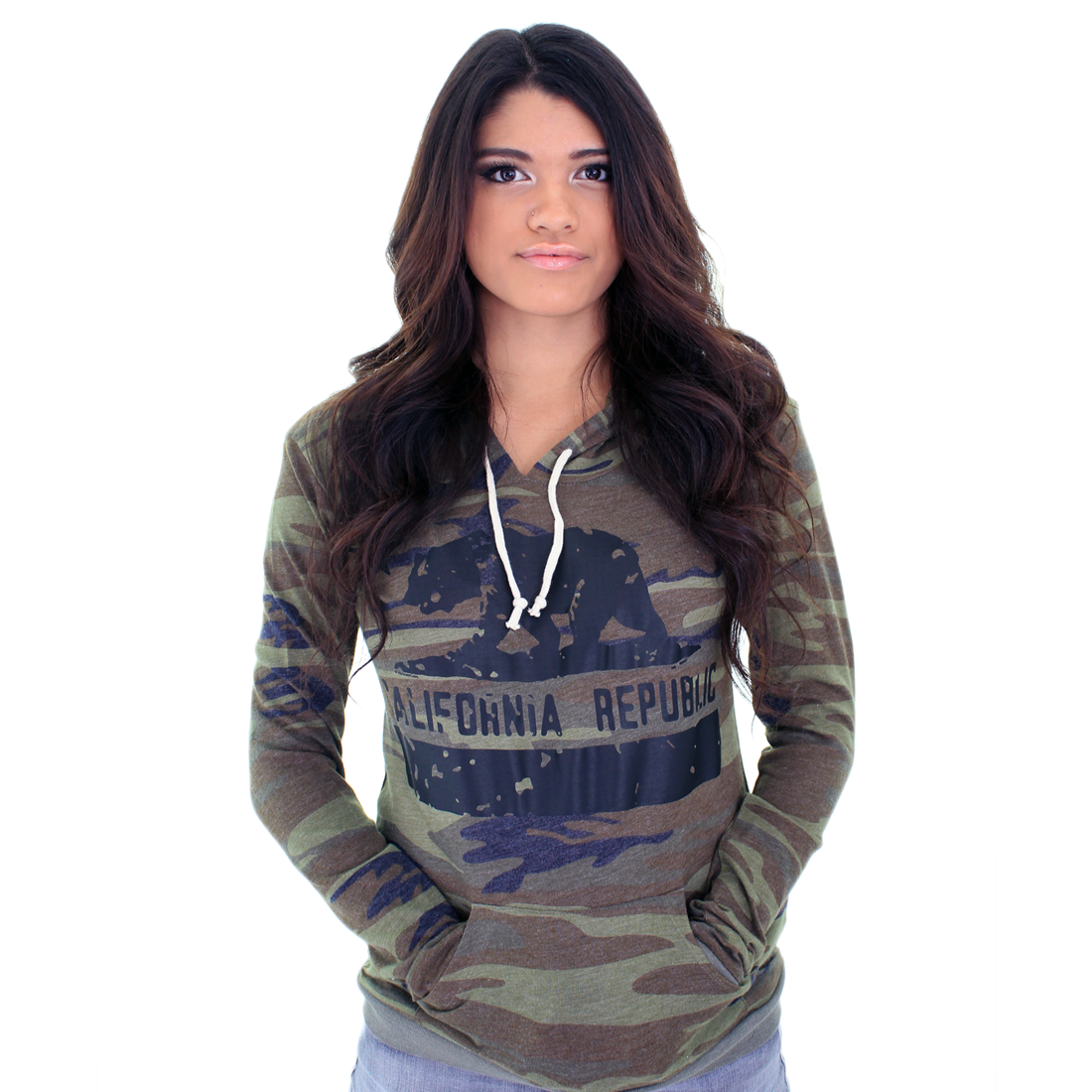 California Republic Eco Pullover Hooded Long Sleeve T-shirt - State Flag Bear Silhouette
