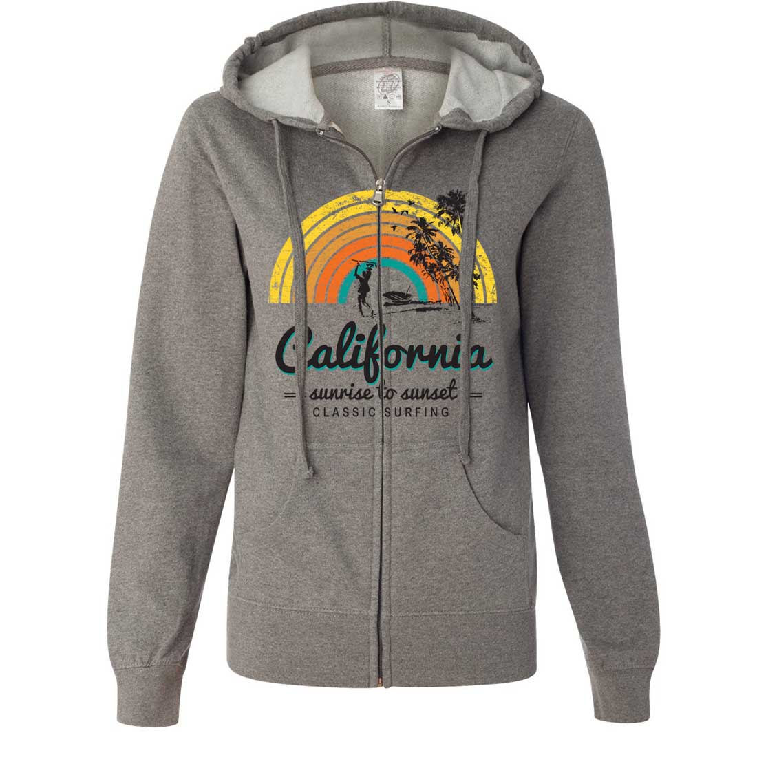 California Classic Sunrise Surfing Ladies Lightweight Fitted Zip-Up Hoodie