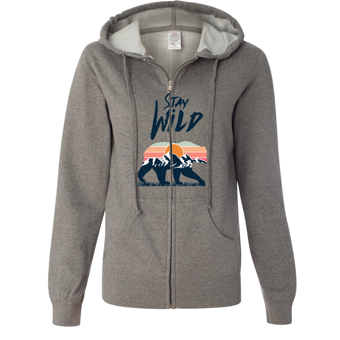Stay Wild Sunset Bear Ladies Lightweight Fitted Zip Up Hoodie