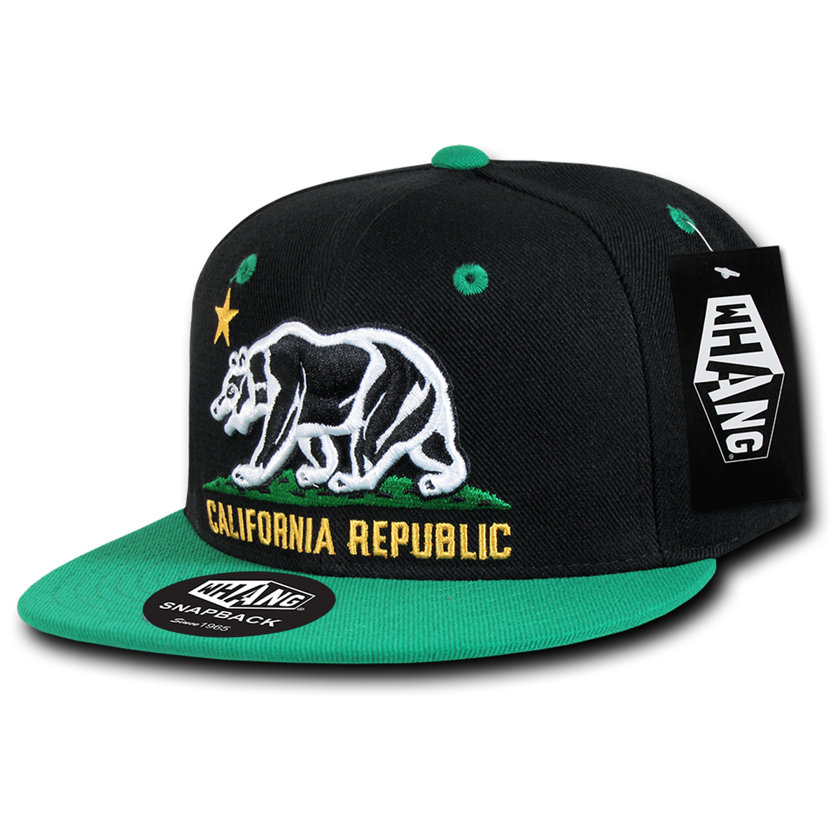 California Republic Cali State Bear Flag Snapback Hat by Whang Black Kelly Green
