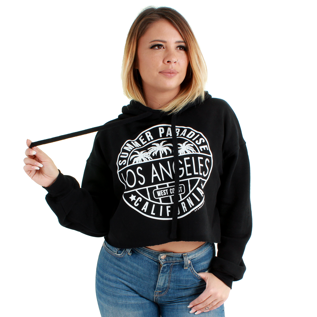 Los Angeles Circle Print Cropped Hoodie Black