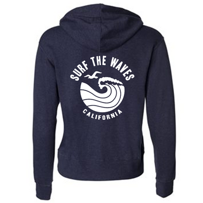 Surf The Waves California Premium Unisex French Terry Full-Zip Sweatshirt - Heathered Navy